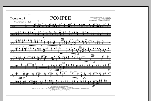 Download Tom Wallace Pompeii - Trombone 1 Sheet Music and learn how to play Marching Band PDF digital score in minutes