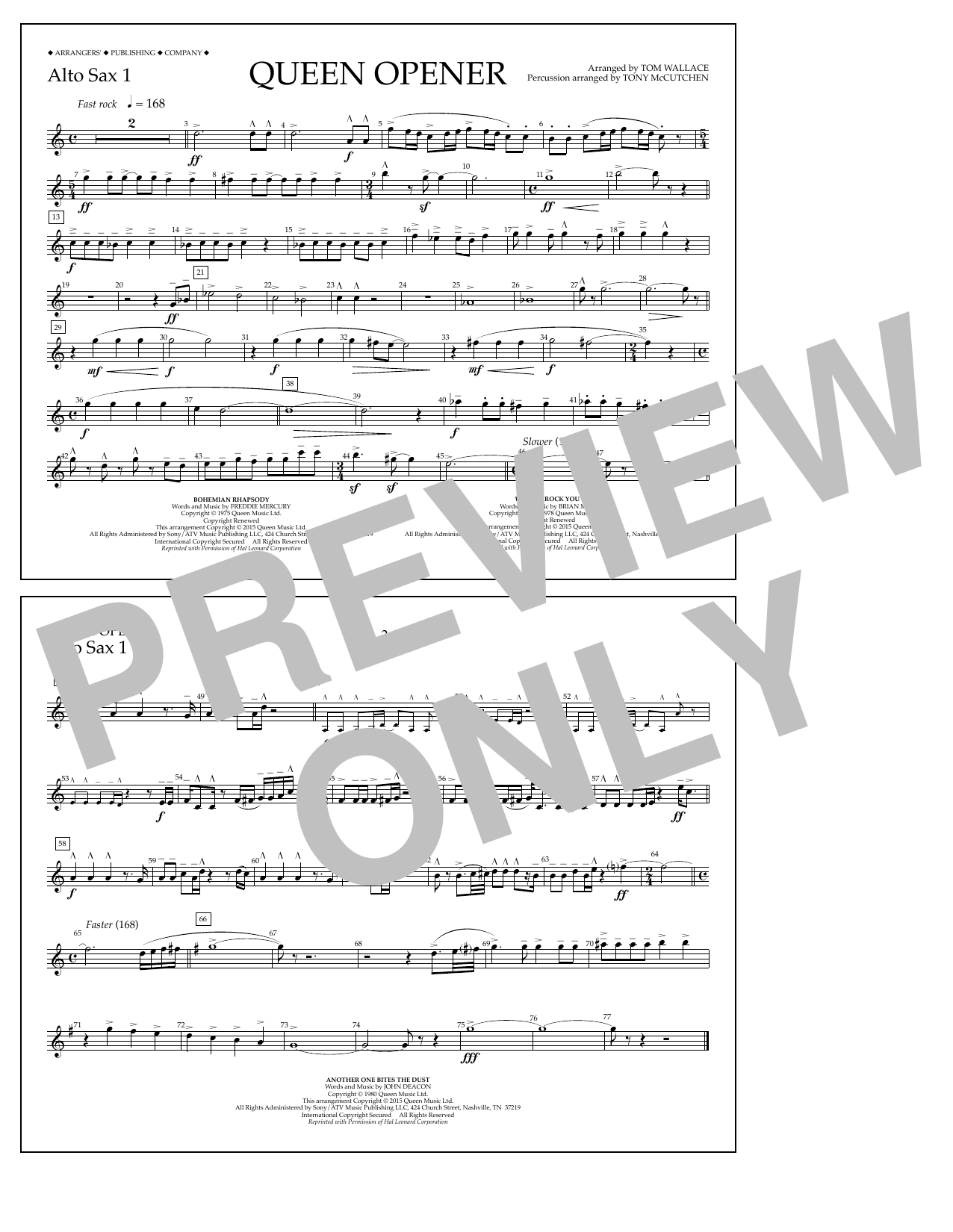 Download Tom Wallace Queen Opener - Alto Sax 1 Sheet Music and learn how to play Marching Band PDF digital score in minutes
