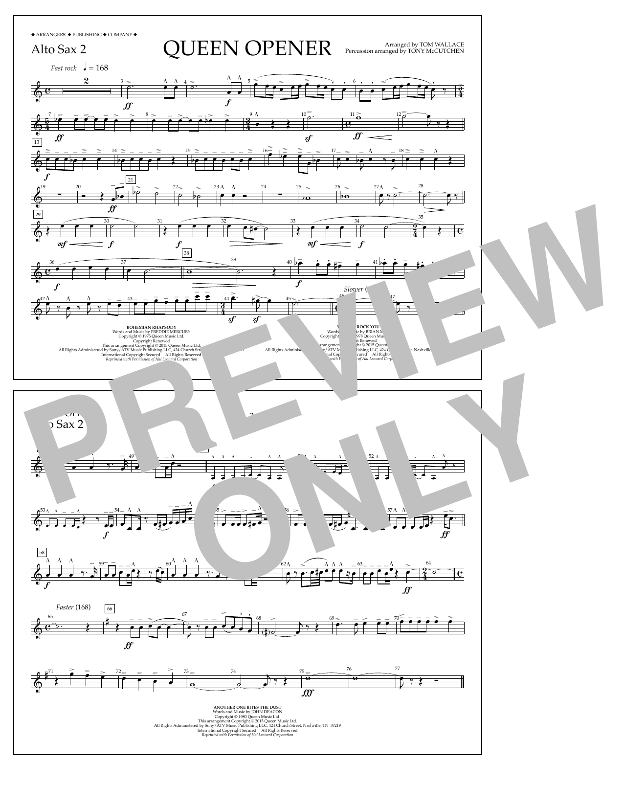 Download Tom Wallace Queen Opener - Alto Sax 2 Sheet Music and learn how to play Marching Band PDF digital score in minutes