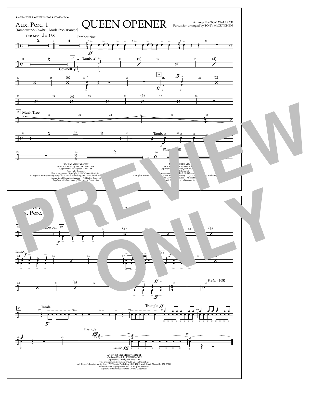 Download Tom Wallace Queen Opener - Aux. Perc. 1 Sheet Music and learn how to play Marching Band PDF digital score in minutes