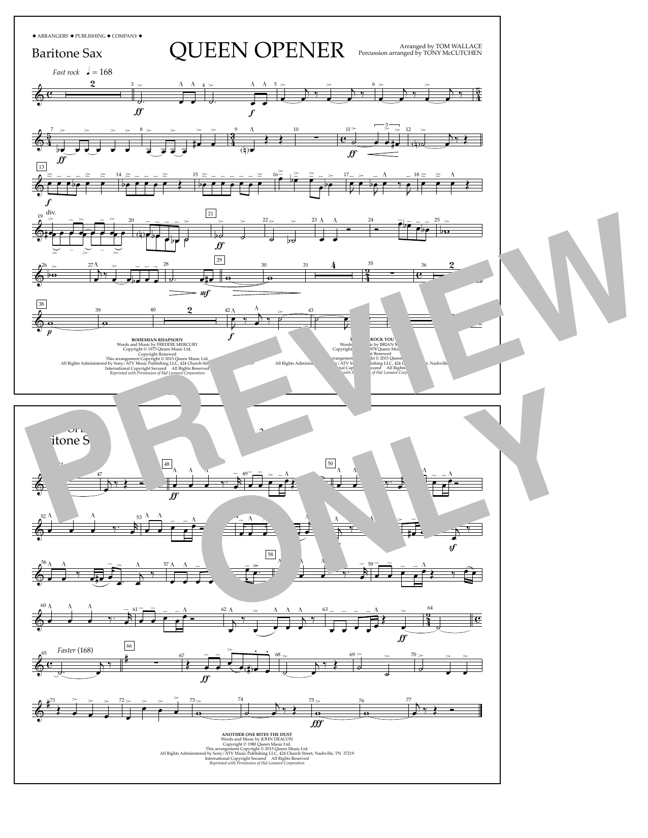 Download Tom Wallace Queen Opener - Baritone Sax Sheet Music and learn how to play Marching Band PDF digital score in minutes