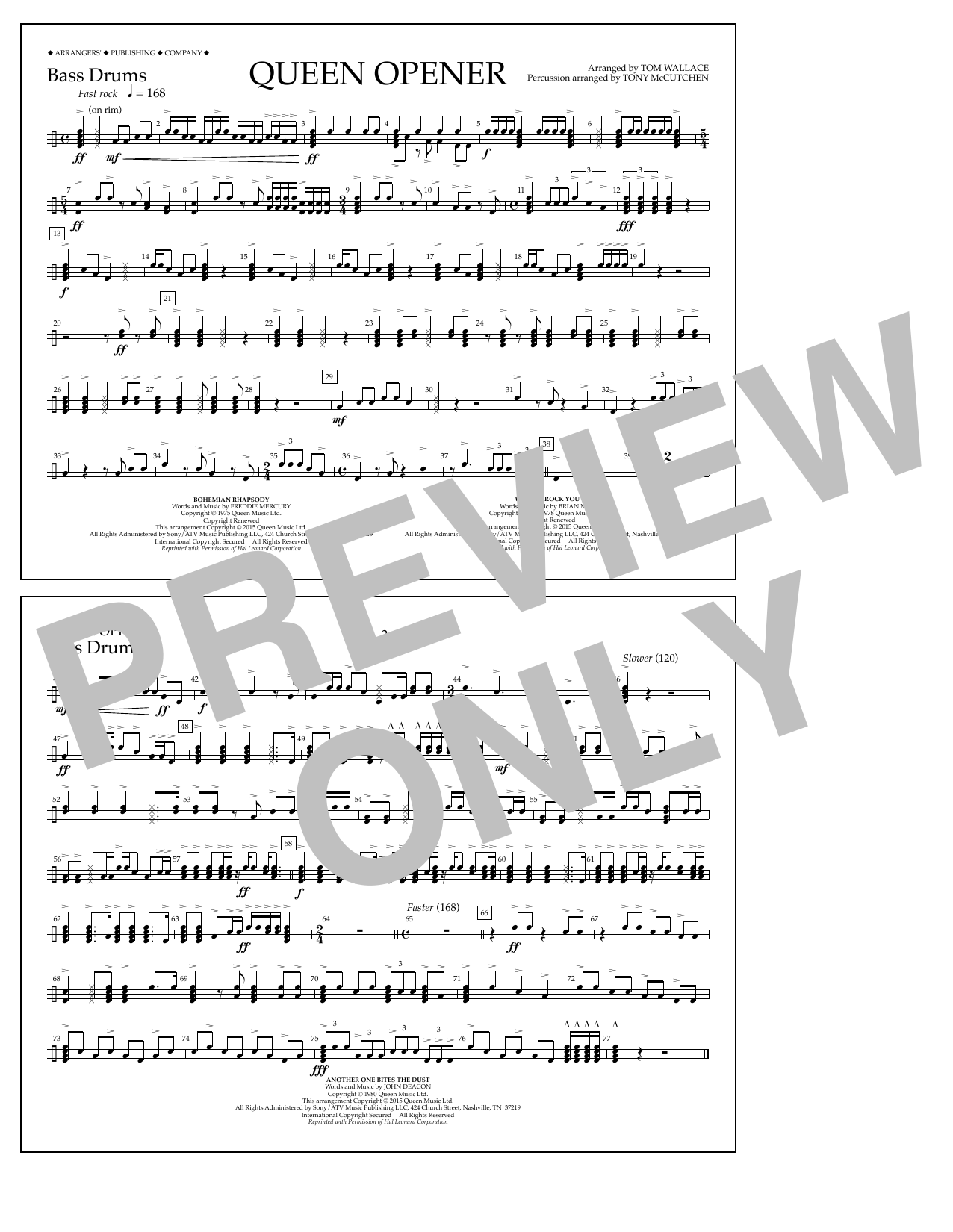 Download Tom Wallace Queen Opener - Bass Drums Sheet Music and learn how to play Marching Band PDF digital score in minutes