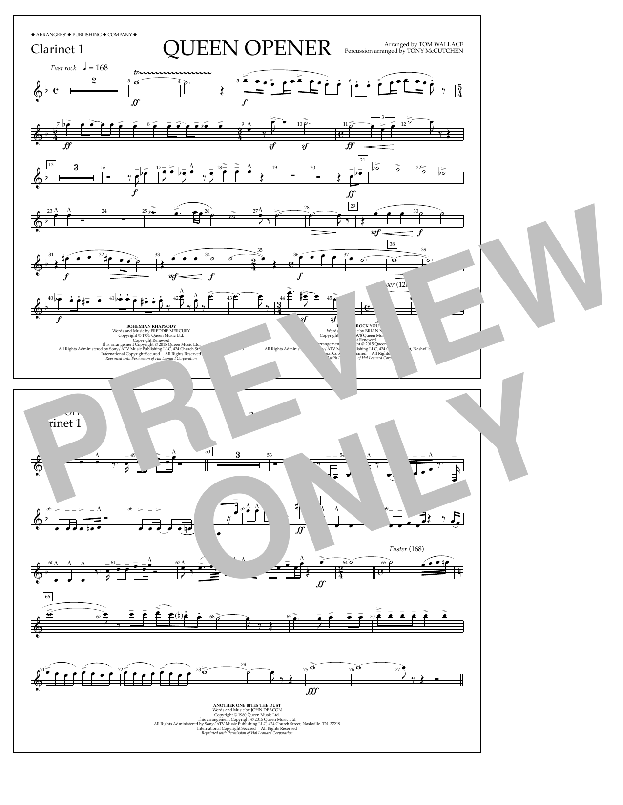 Download Tom Wallace Queen Opener - Clarinet 1 Sheet Music and learn how to play Marching Band PDF digital score in minutes