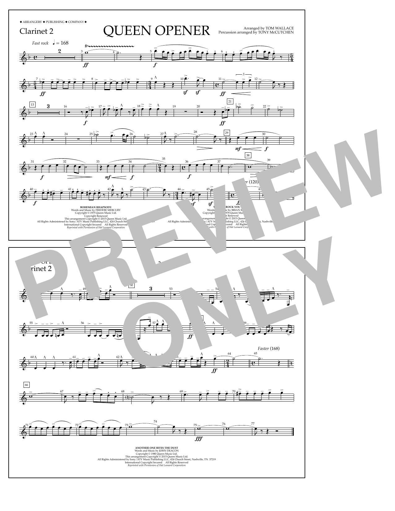 Download Tom Wallace Queen Opener - Clarinet 2 Sheet Music and learn how to play Marching Band PDF digital score in minutes