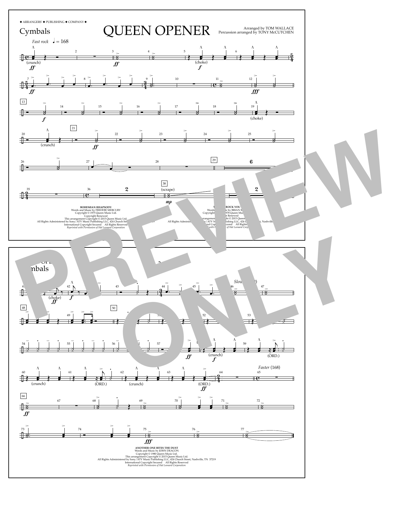 Download Tom Wallace Queen Opener - Cymbals Sheet Music and learn how to play Marching Band PDF digital score in minutes