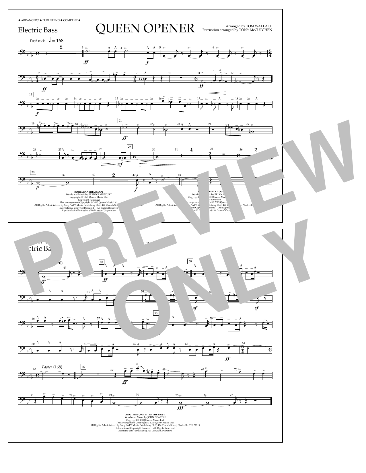 Download Tom Wallace Queen Opener - Electric Bass Sheet Music and learn how to play Marching Band PDF digital score in minutes