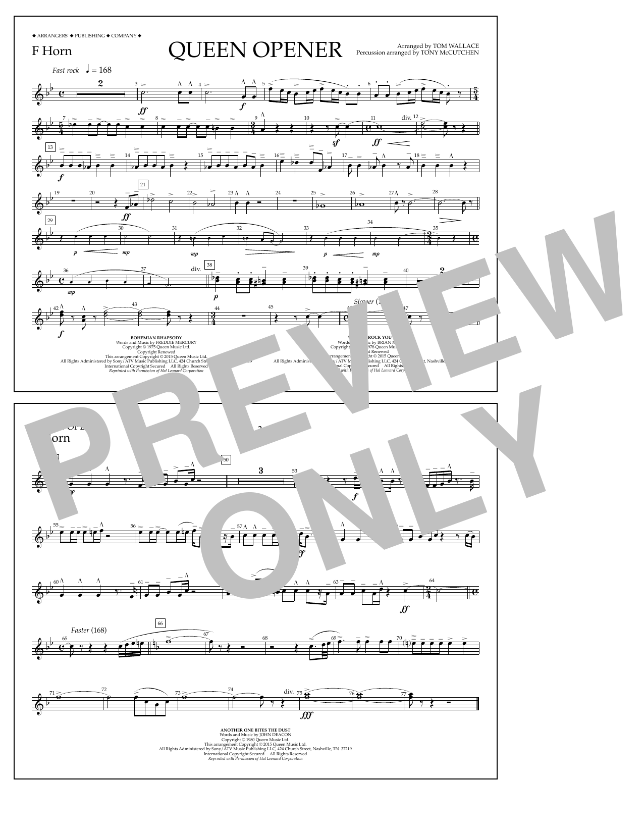 Download Tom Wallace Queen Opener - F Horn Sheet Music and learn how to play Marching Band PDF digital score in minutes