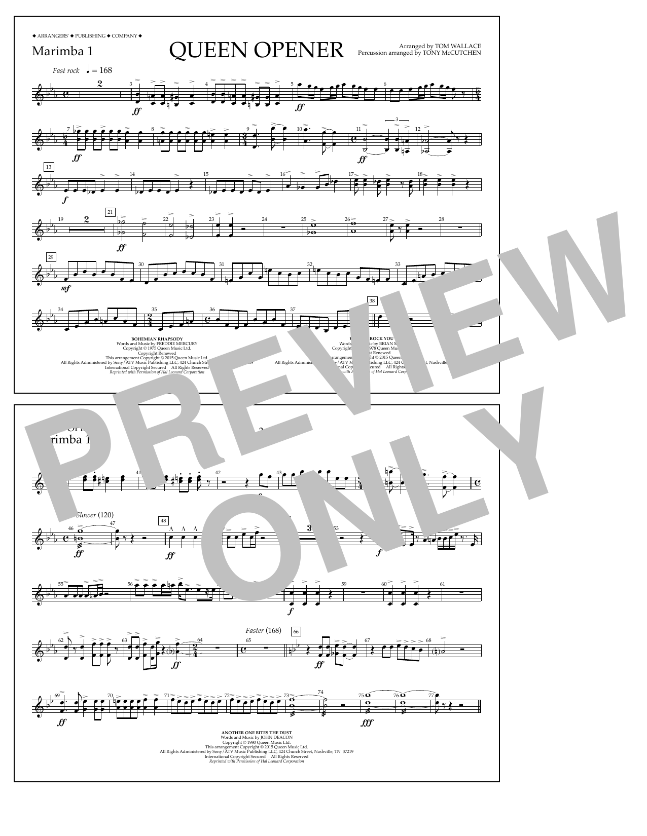 Download Tom Wallace Queen Opener - Marimba 1 Sheet Music and learn how to play Marching Band PDF digital score in minutes