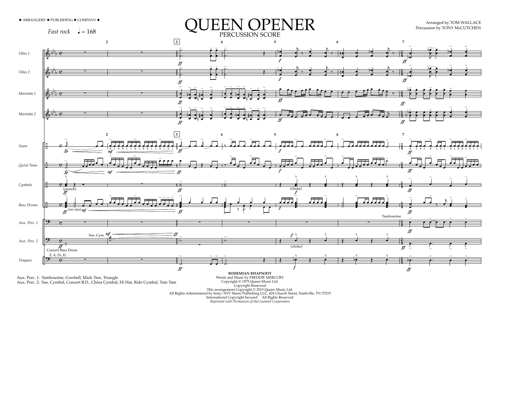 Download Tom Wallace Queen Opener - Percussion Score Sheet Music and learn how to play Marching Band PDF digital score in minutes