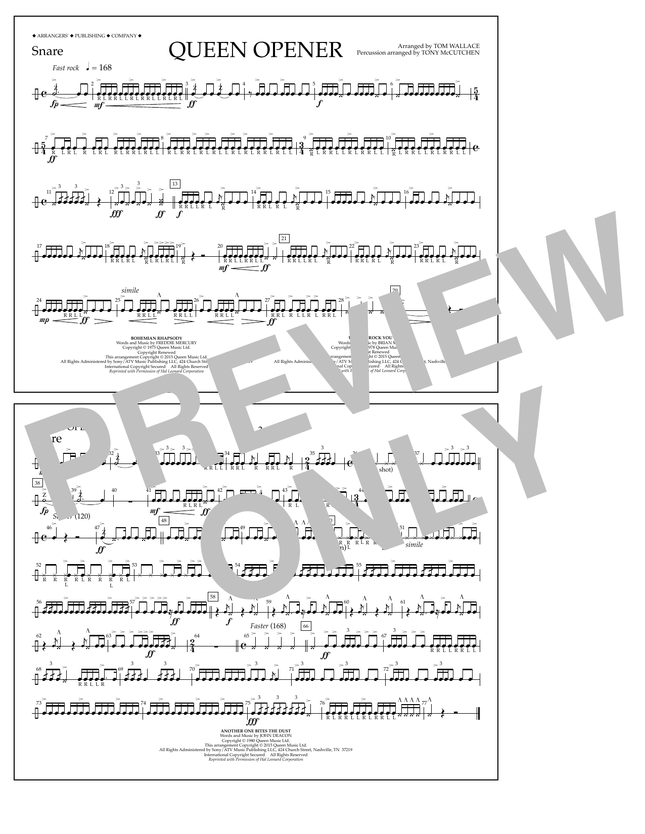 Download Tom Wallace Queen Opener - Snare Sheet Music and learn how to play Marching Band PDF digital score in minutes