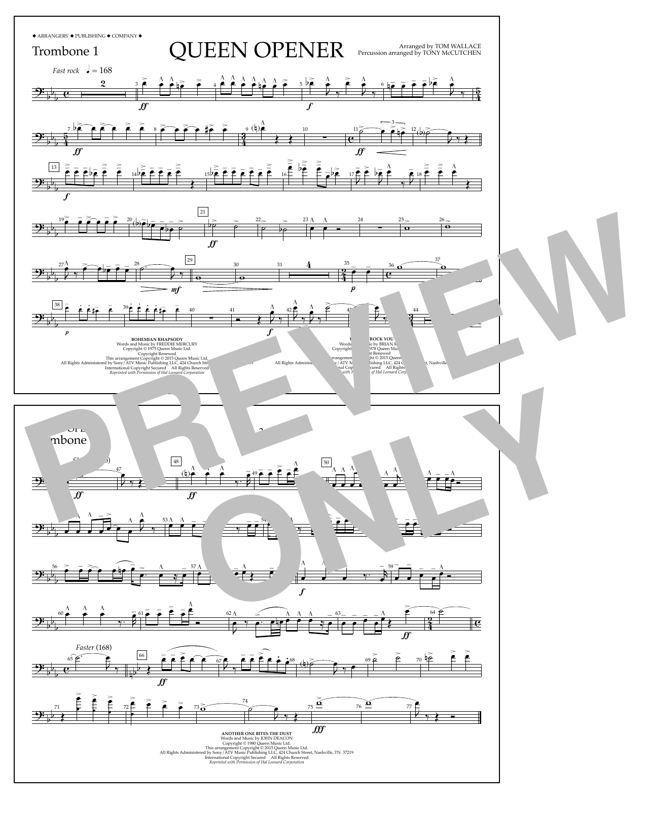 Download Tom Wallace Queen Opener - Trombone 1 Sheet Music and learn how to play Marching Band PDF digital score in minutes