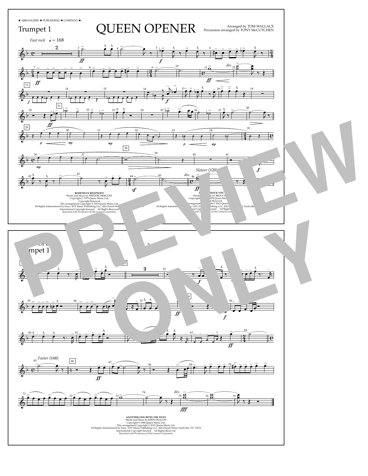 Download Tom Wallace Queen Opener - Trumpet 1 Sheet Music and learn how to play Marching Band PDF digital score in minutes