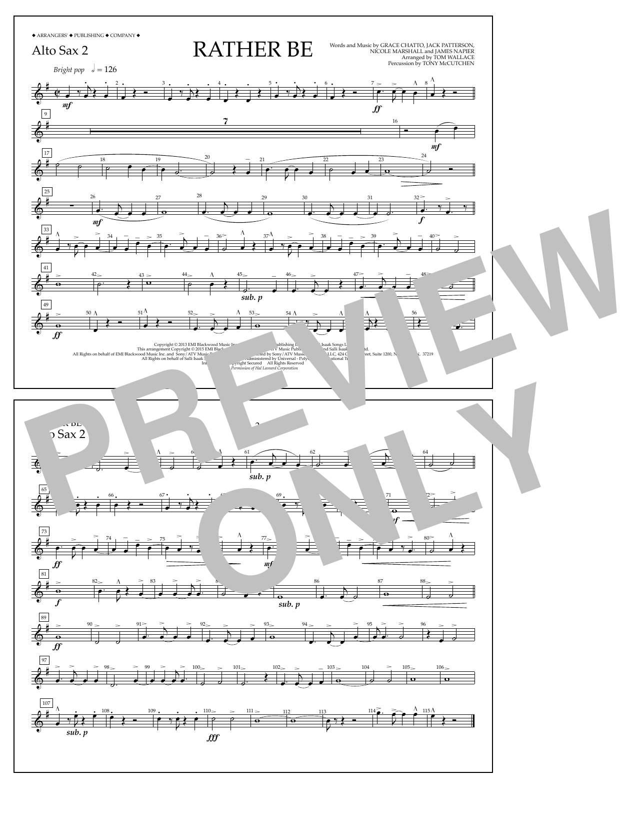 Download Tom Wallace Rather Be - Alto Sax 2 Sheet Music and learn how to play Marching Band PDF digital score in minutes