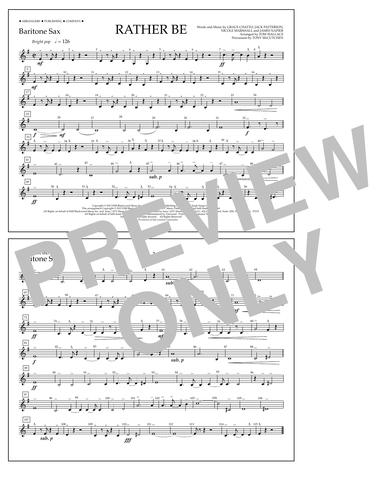 Download Tom Wallace Rather Be - Baritone Sax Sheet Music and learn how to play Marching Band PDF digital score in minutes