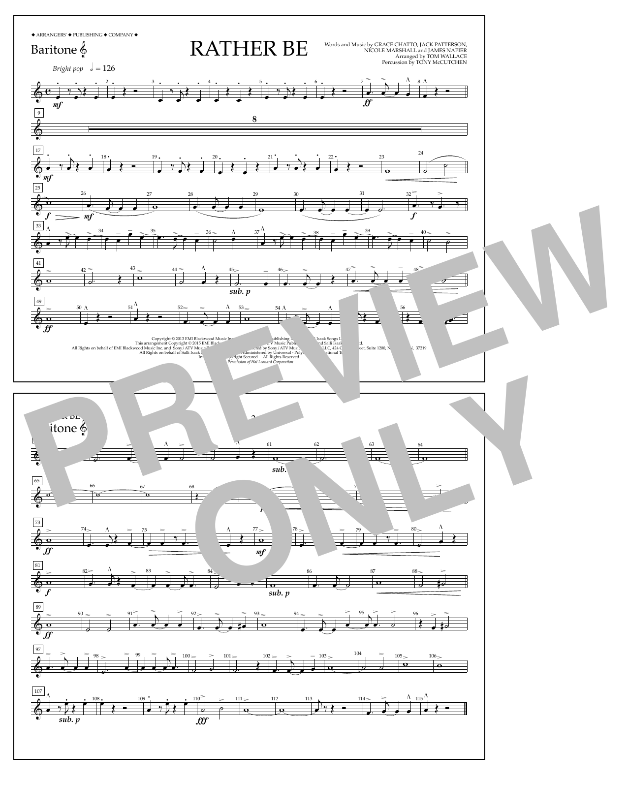 Download Tom Wallace Rather Be - Baritone T.C. Sheet Music and learn how to play Marching Band PDF digital score in minutes