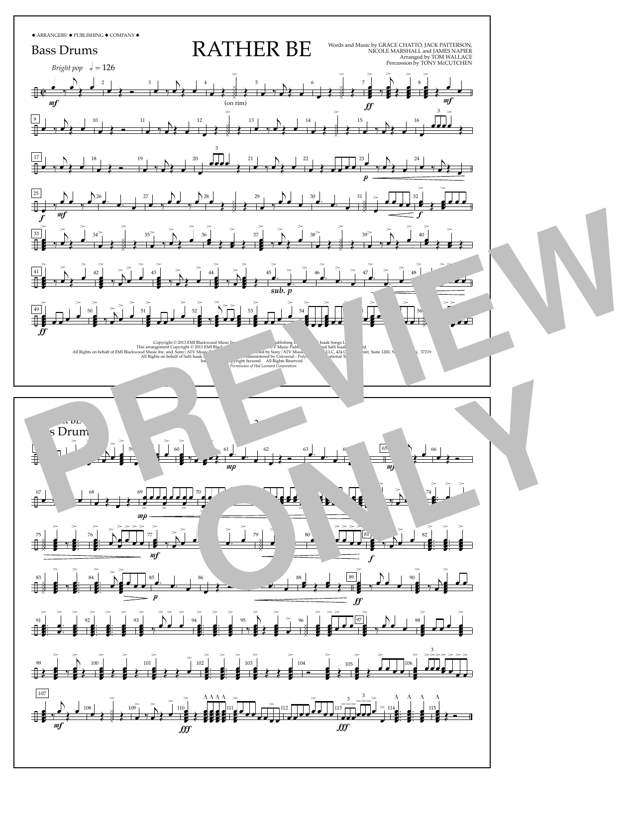 Download Tom Wallace Rather Be - Bass Drums Sheet Music and learn how to play Marching Band PDF digital score in minutes