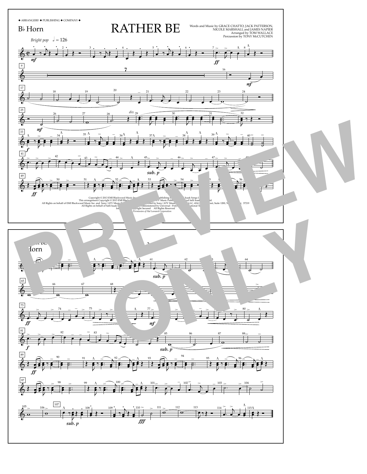 Download Tom Wallace Rather Be - Bb Horn Sheet Music and learn how to play Marching Band PDF digital score in minutes