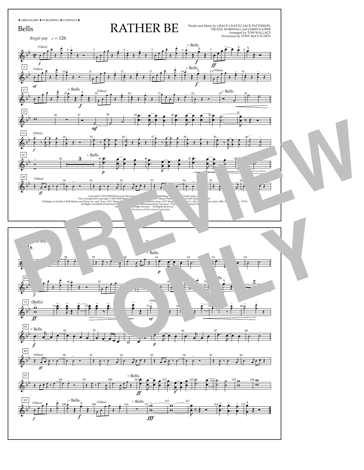 Download Tom Wallace Rather Be - Bells Sheet Music and learn how to play Marching Band PDF digital score in minutes