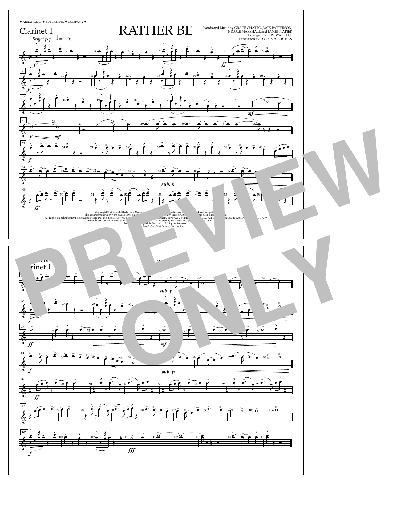 Download Tom Wallace Rather Be - Clarinet 1 Sheet Music and learn how to play Marching Band PDF digital score in minutes
