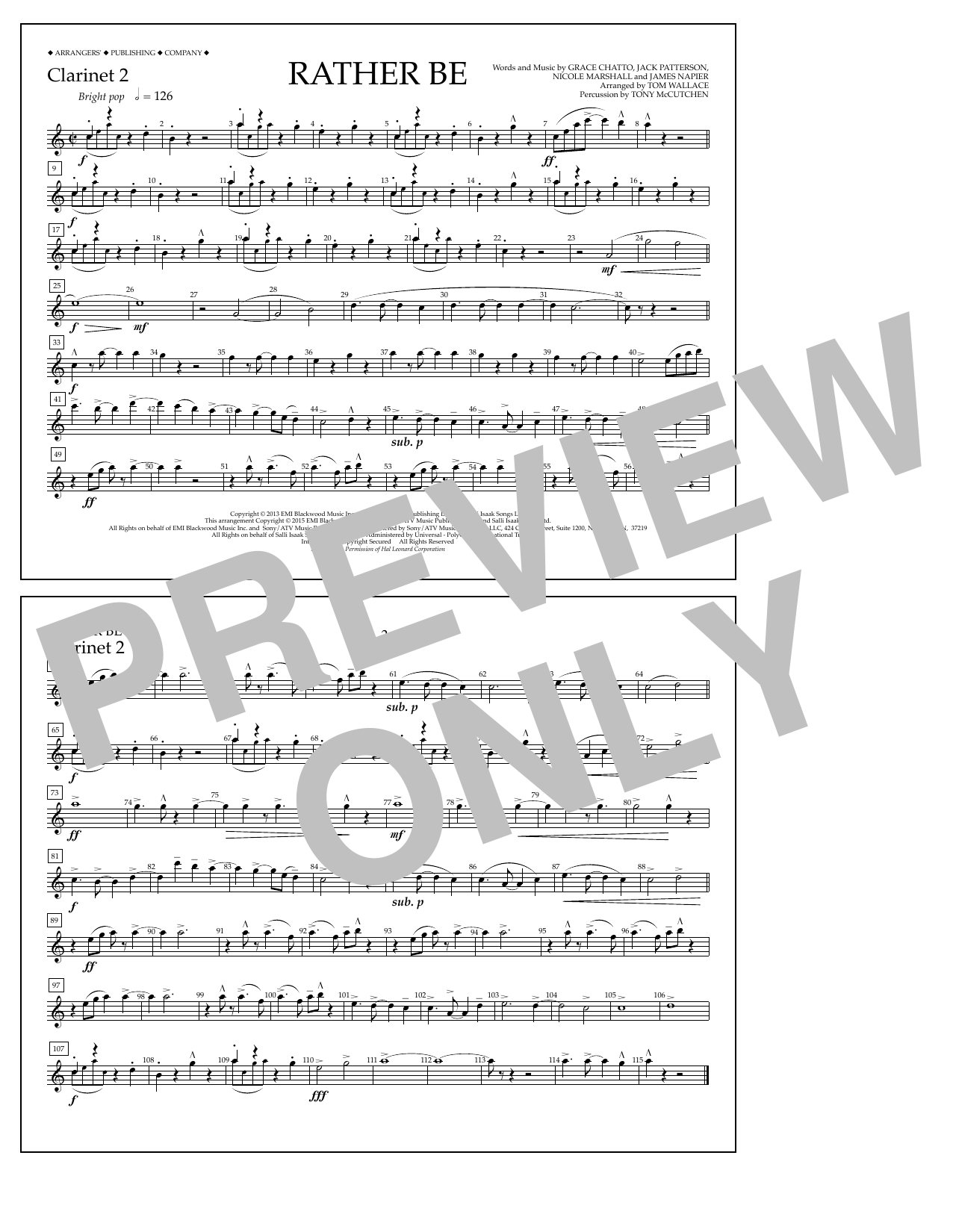 Download Tom Wallace Rather Be - Clarinet 2 Sheet Music and learn how to play Marching Band PDF digital score in minutes
