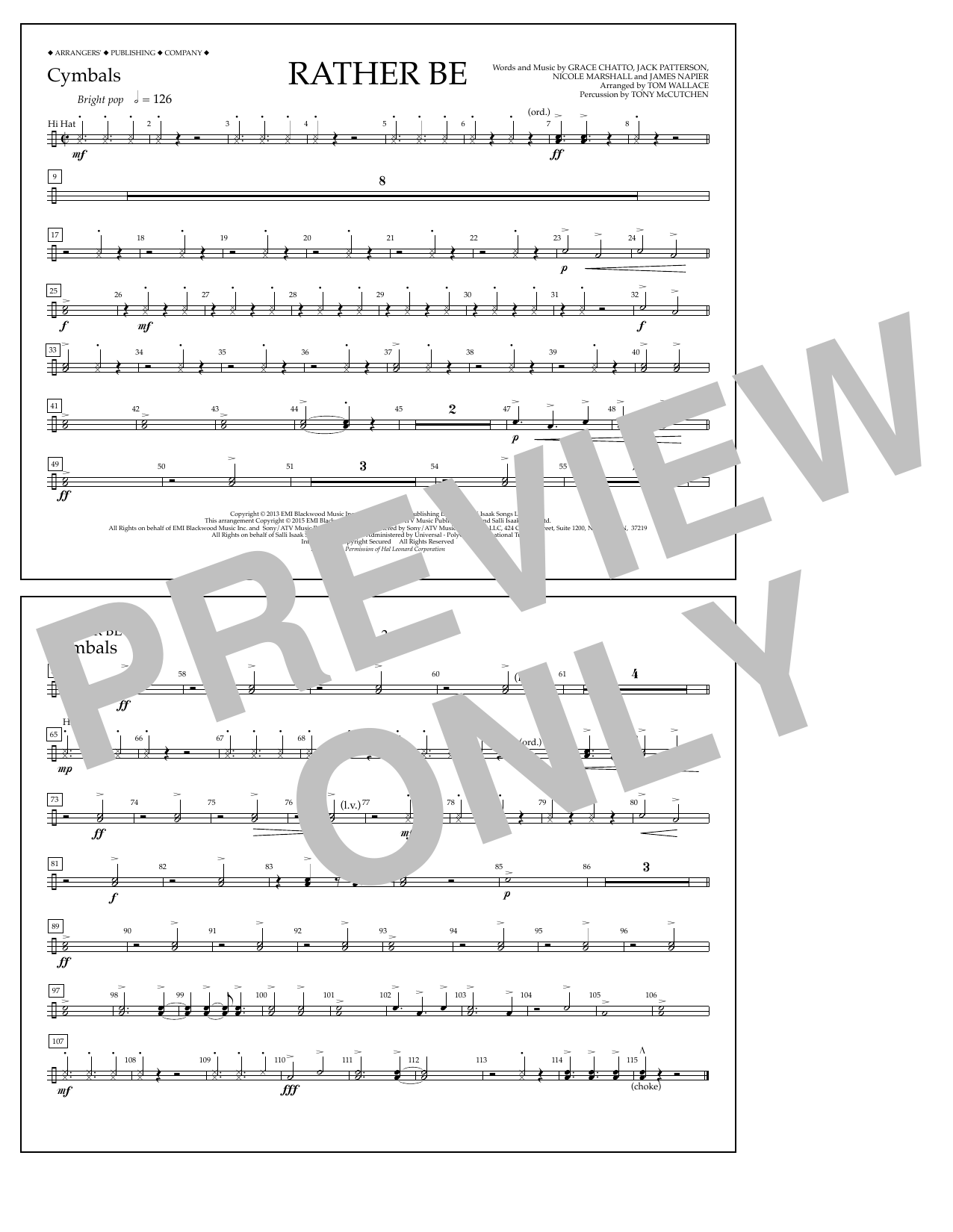 Download Tom Wallace Rather Be - Cymbals Sheet Music and learn how to play Marching Band PDF digital score in minutes