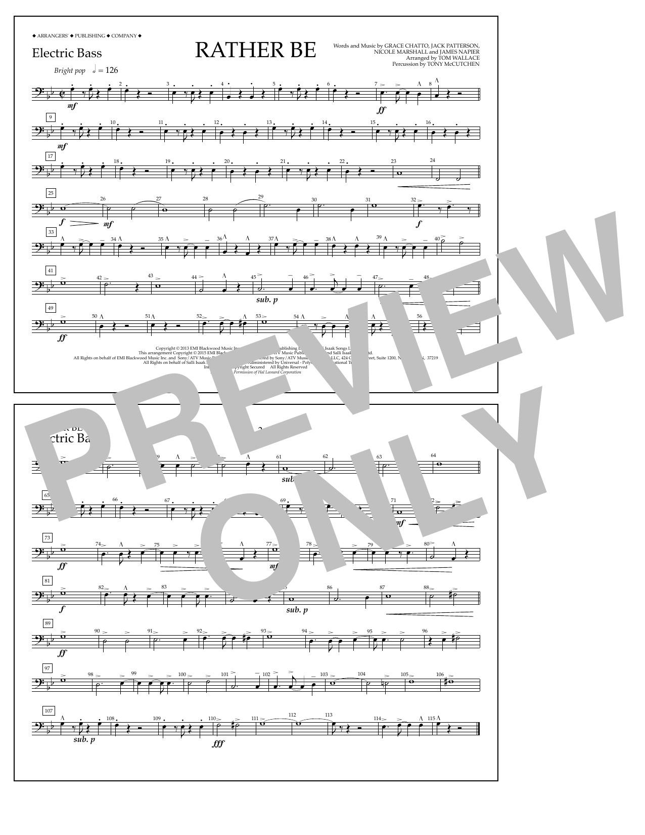 Download Tom Wallace Rather Be - Electric Bass Sheet Music and learn how to play Marching Band PDF digital score in minutes