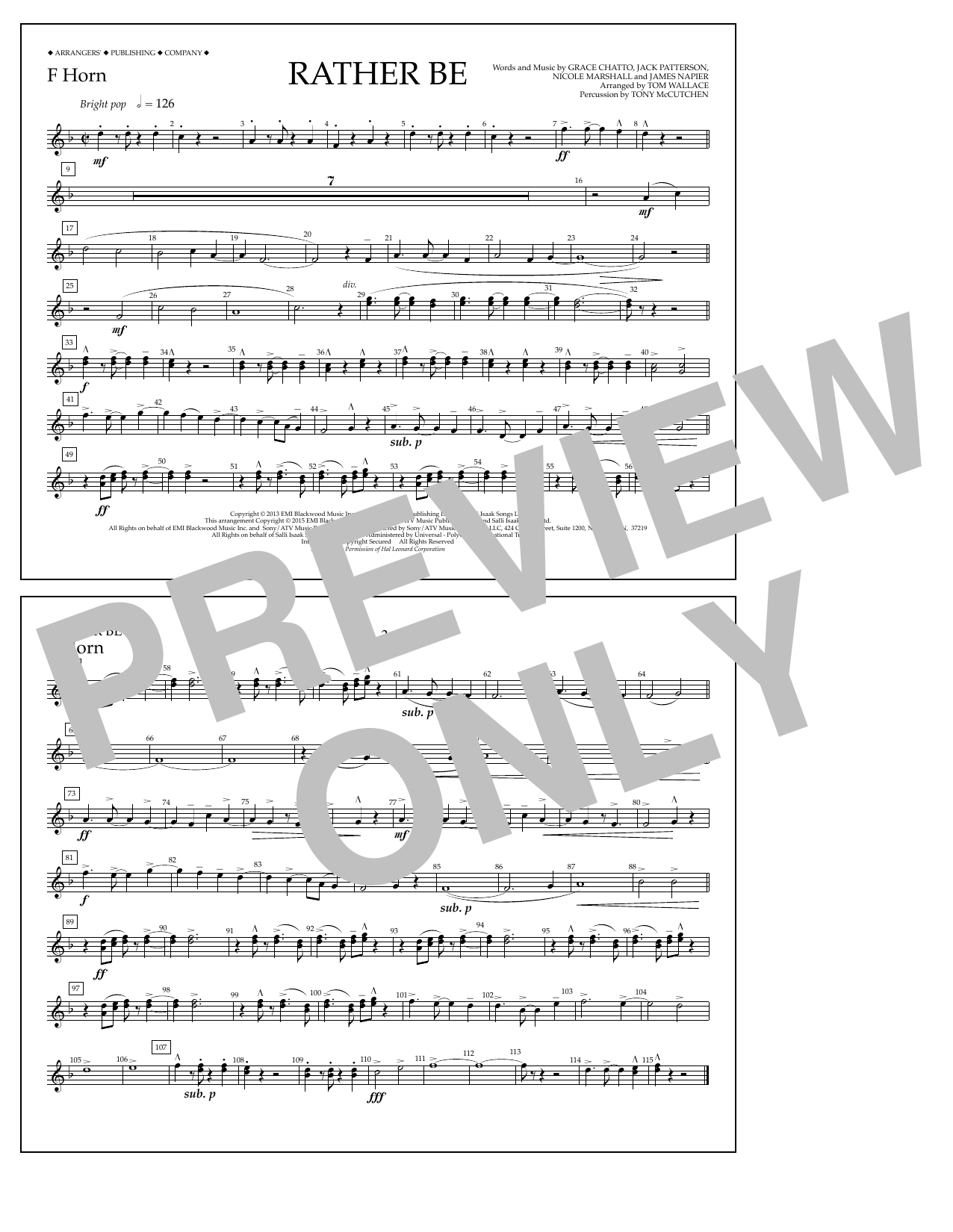 Download Tom Wallace Rather Be - F Horn Sheet Music and learn how to play Marching Band PDF digital score in minutes