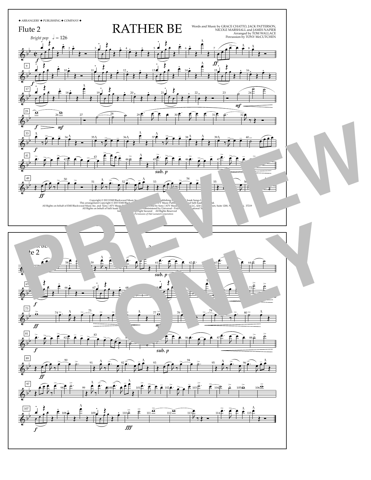 Download Tom Wallace Rather Be - Flute 2 Sheet Music and learn how to play Marching Band PDF digital score in minutes