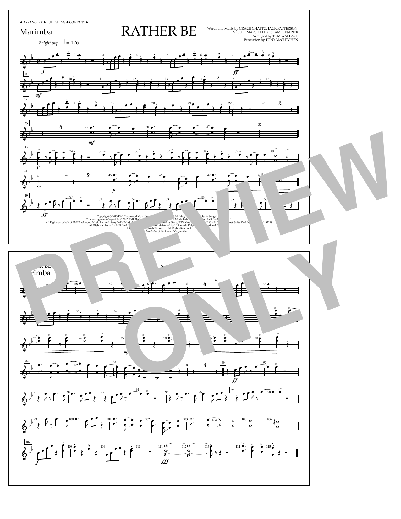 Download Tom Wallace Rather Be - Marimba Sheet Music and learn how to play Marching Band PDF digital score in minutes