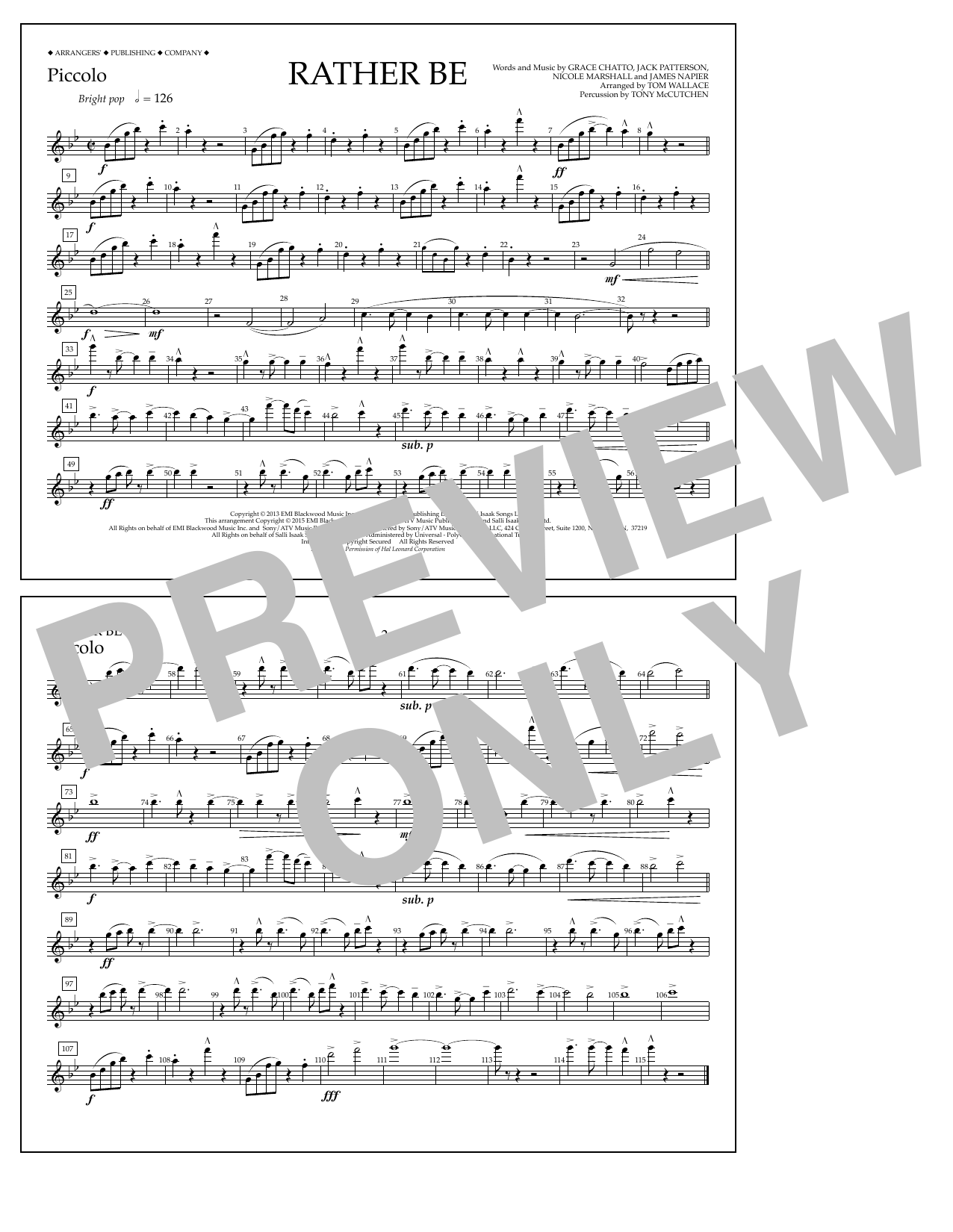 Download Tom Wallace Rather Be - Piccolo Sheet Music and learn how to play Marching Band PDF digital score in minutes