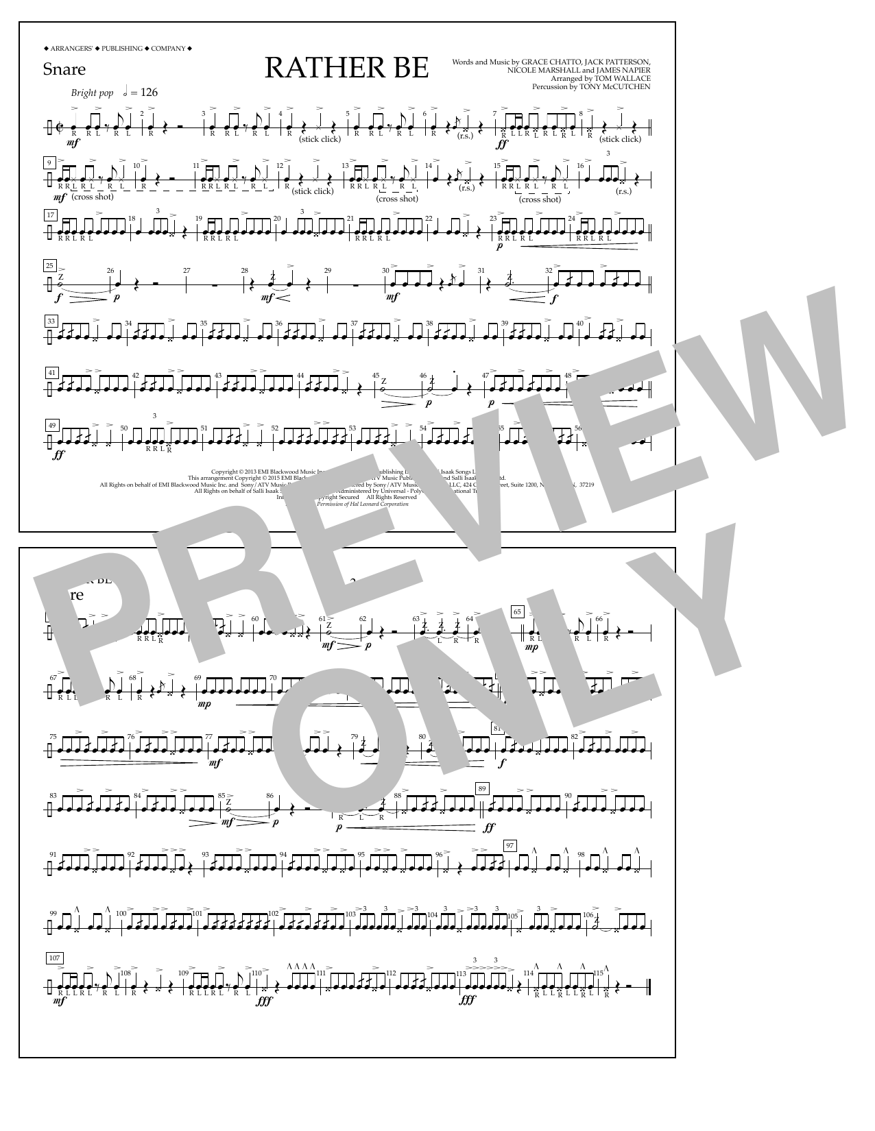 Download Tom Wallace Rather Be - Snare Sheet Music and learn how to play Marching Band PDF digital score in minutes