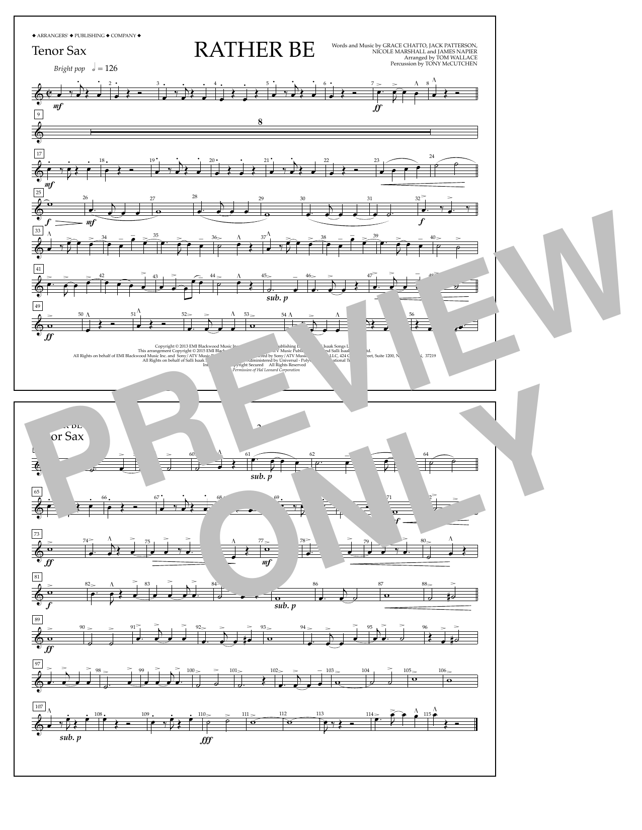 Download Tom Wallace Rather Be - Tenor Sax Sheet Music and learn how to play Marching Band PDF digital score in minutes