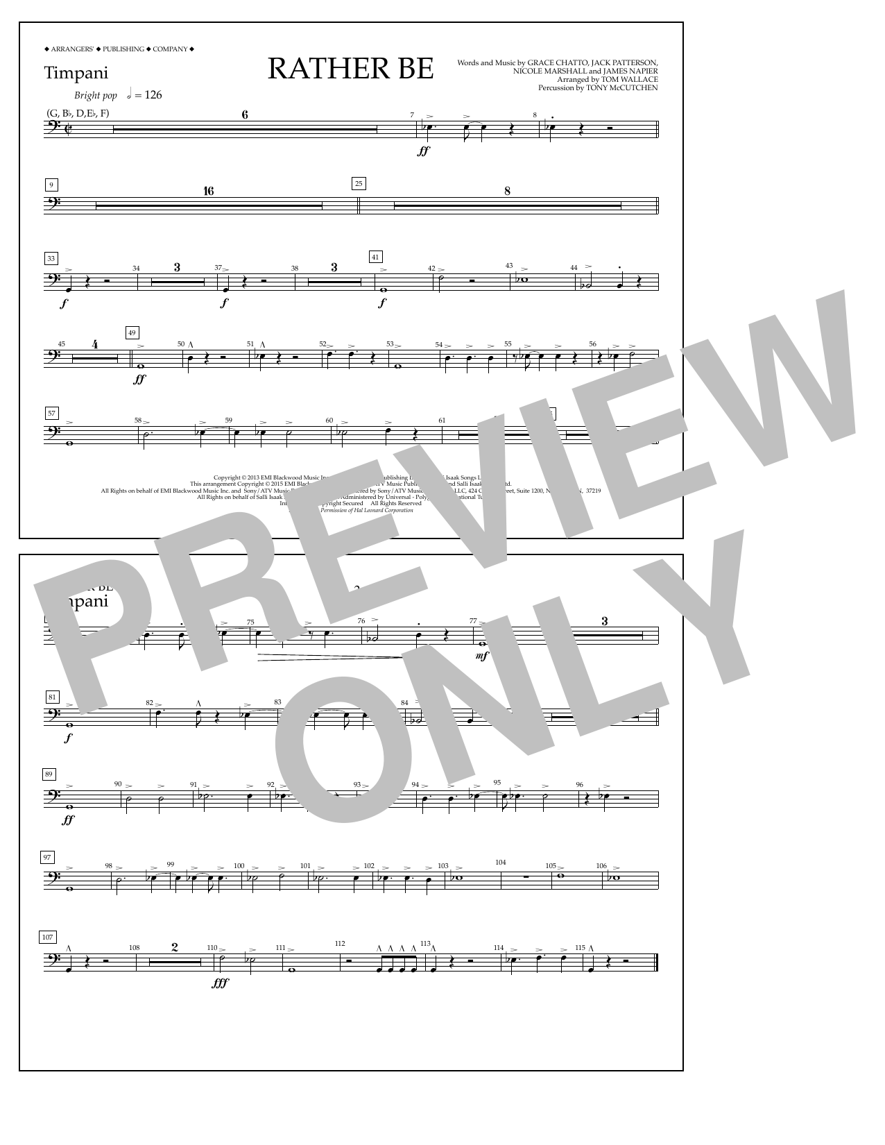 Download Tom Wallace Rather Be - Timpani Sheet Music and learn how to play Marching Band PDF digital score in minutes