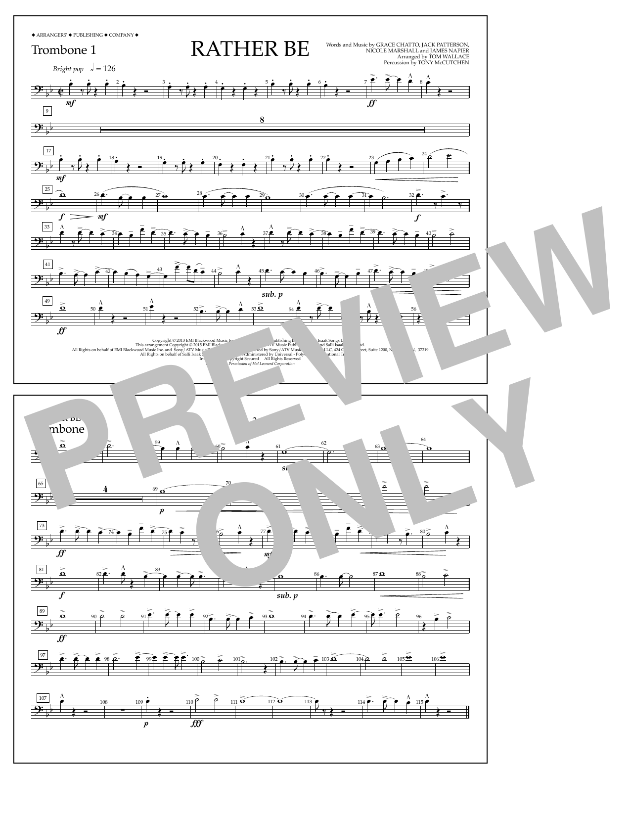 Download Tom Wallace Rather Be - Trombone 1 Sheet Music and learn how to play Marching Band PDF digital score in minutes