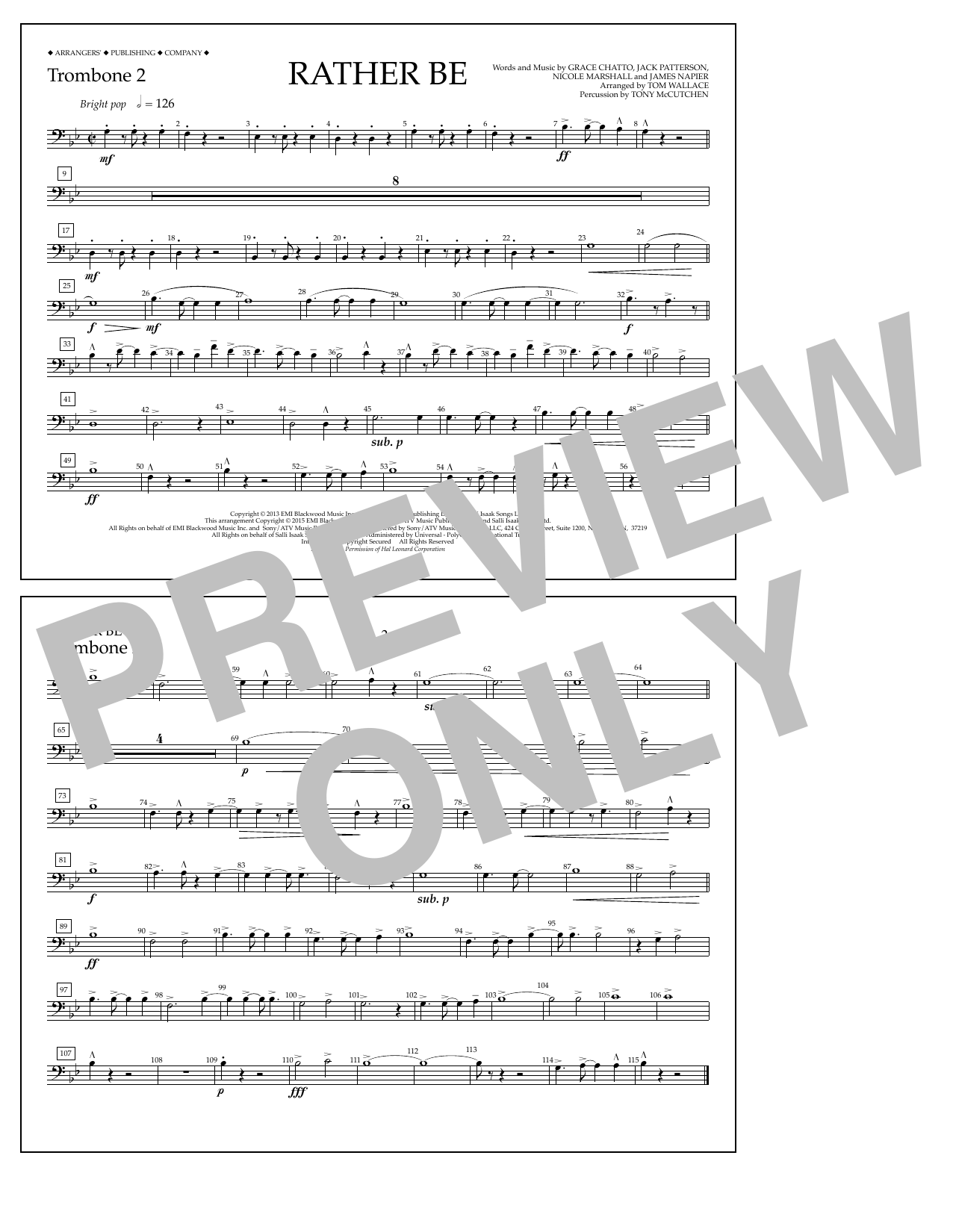 Download Tom Wallace Rather Be - Trombone 2 Sheet Music and learn how to play Marching Band PDF digital score in minutes