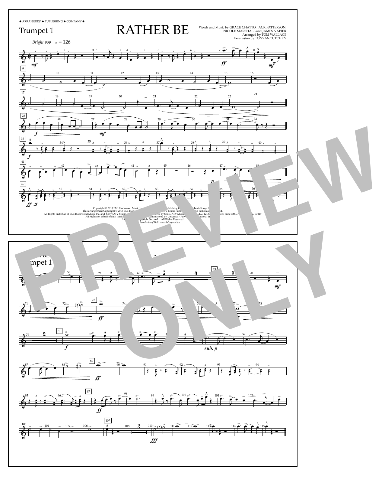 Download Tom Wallace Rather Be - Trumpet 1 Sheet Music and learn how to play Marching Band PDF digital score in minutes
