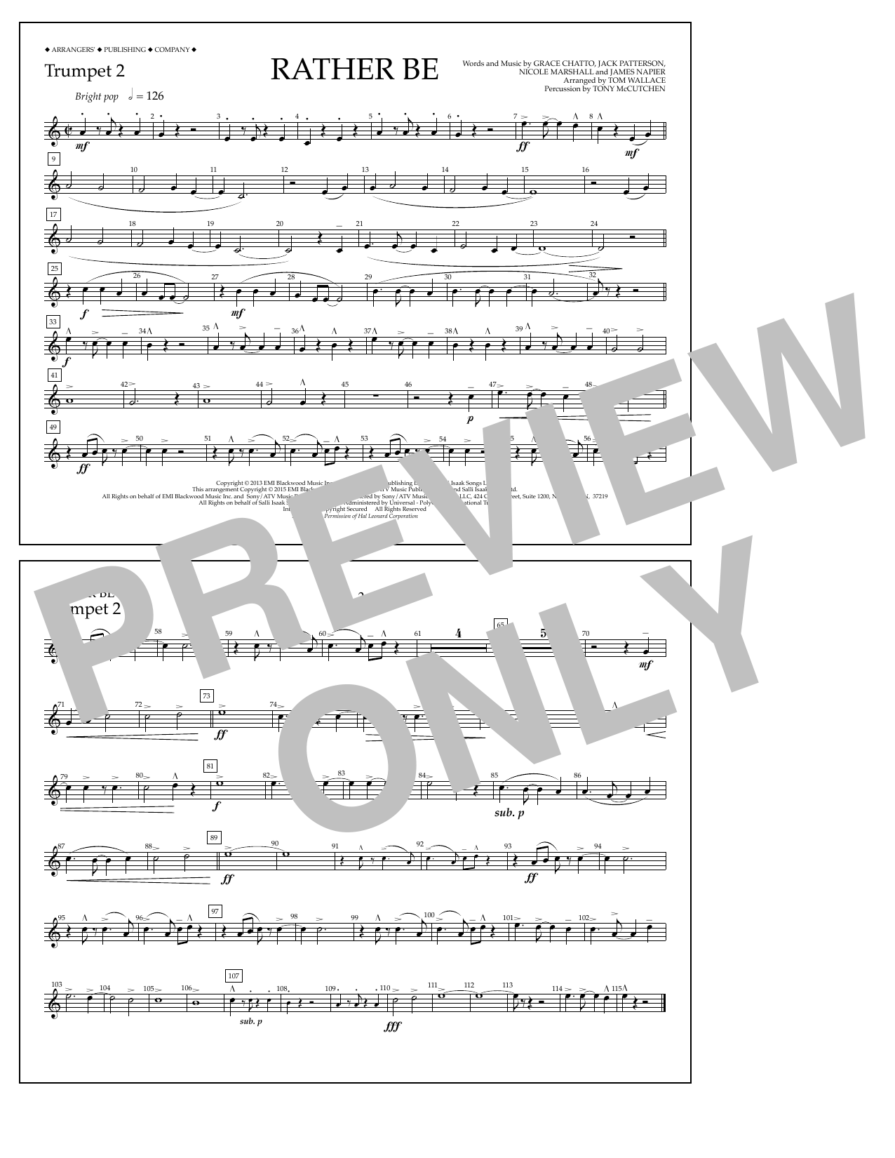Download Tom Wallace Rather Be - Trumpet 2 Sheet Music and learn how to play Marching Band PDF digital score in minutes