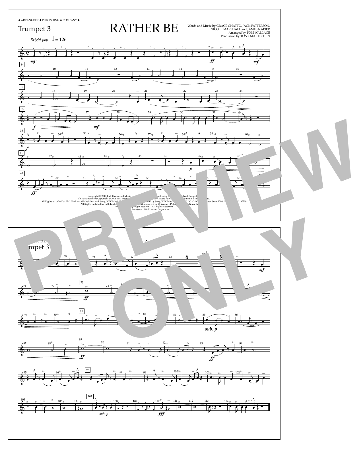 Download Tom Wallace Rather Be - Trumpet 3 Sheet Music and learn how to play Marching Band PDF digital score in minutes
