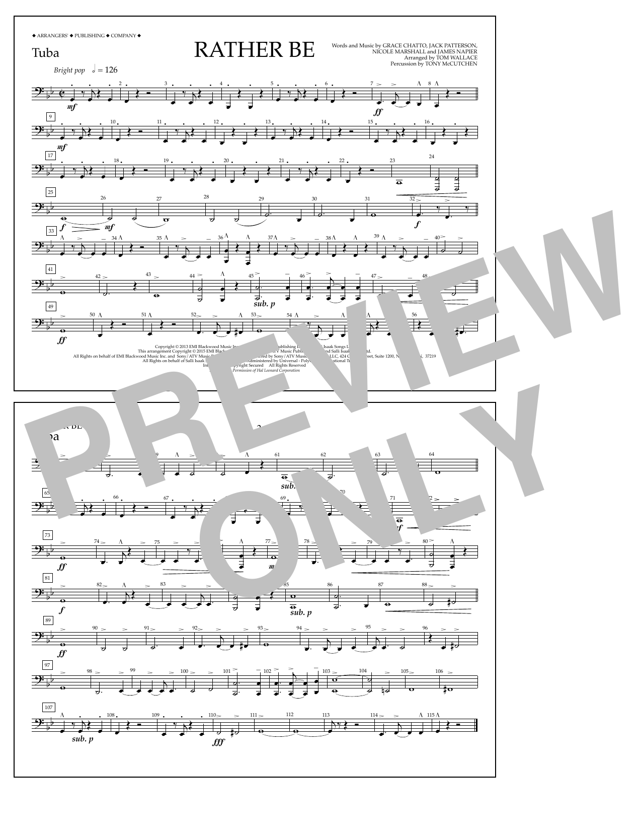 Download Tom Wallace Rather Be - Tuba Sheet Music and learn how to play Marching Band PDF digital score in minutes