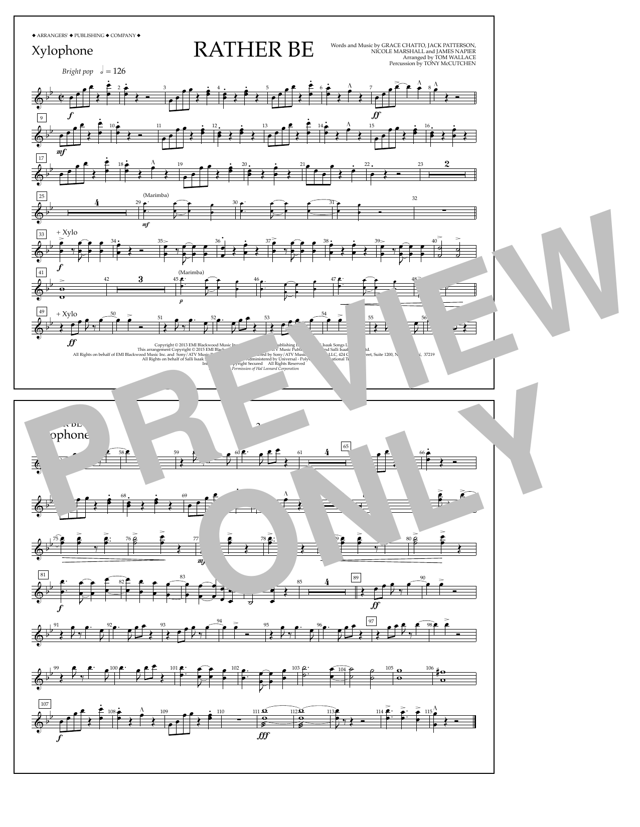 Download Tom Wallace Rather Be - Xylophone Sheet Music and learn how to play Marching Band PDF digital score in minutes