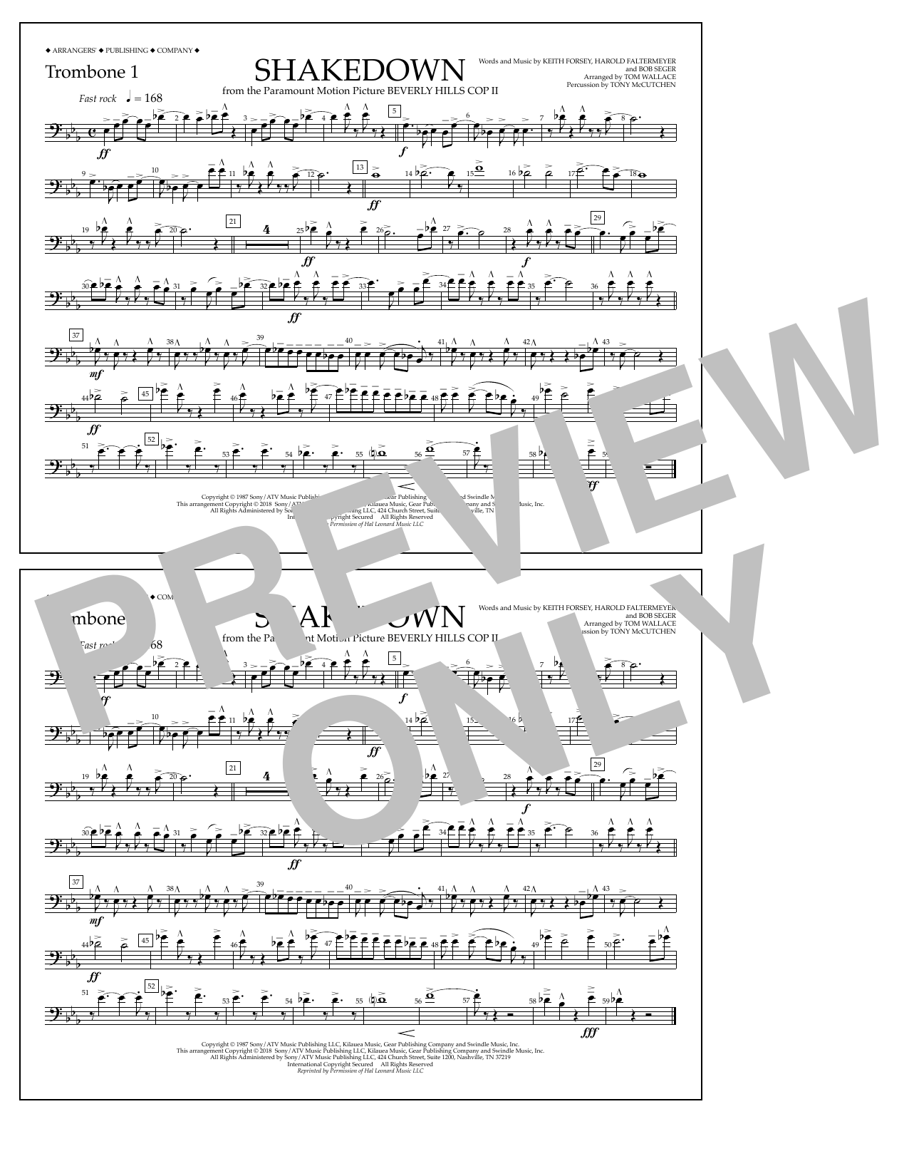 Download Tom Wallace Shakedown - Trombone 1 Sheet Music and learn how to play Marching Band PDF digital score in minutes