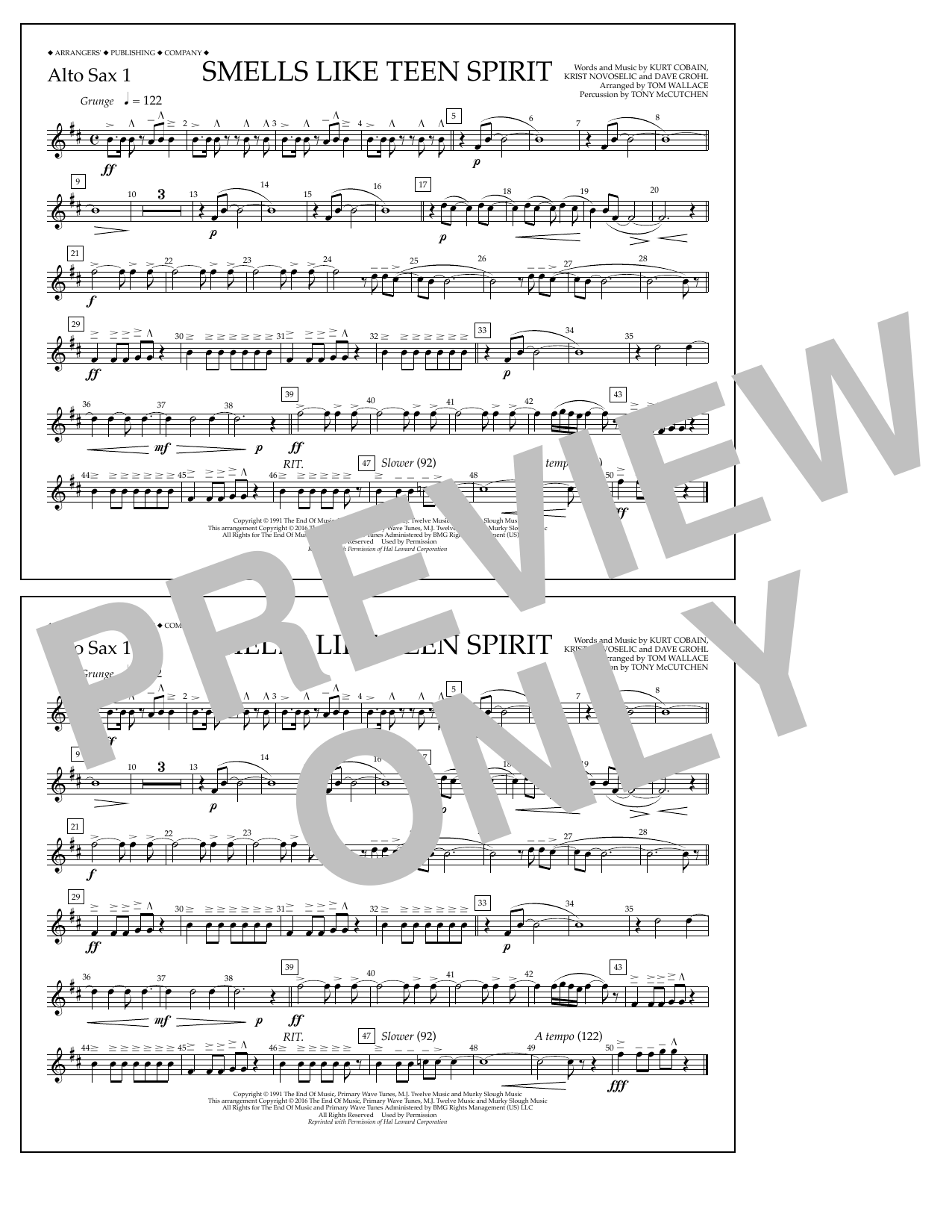 Download Tom Wallace Smells Like Teen Spirit - Alto Sax 1 Sheet Music and learn how to play Marching Band PDF digital score in minutes