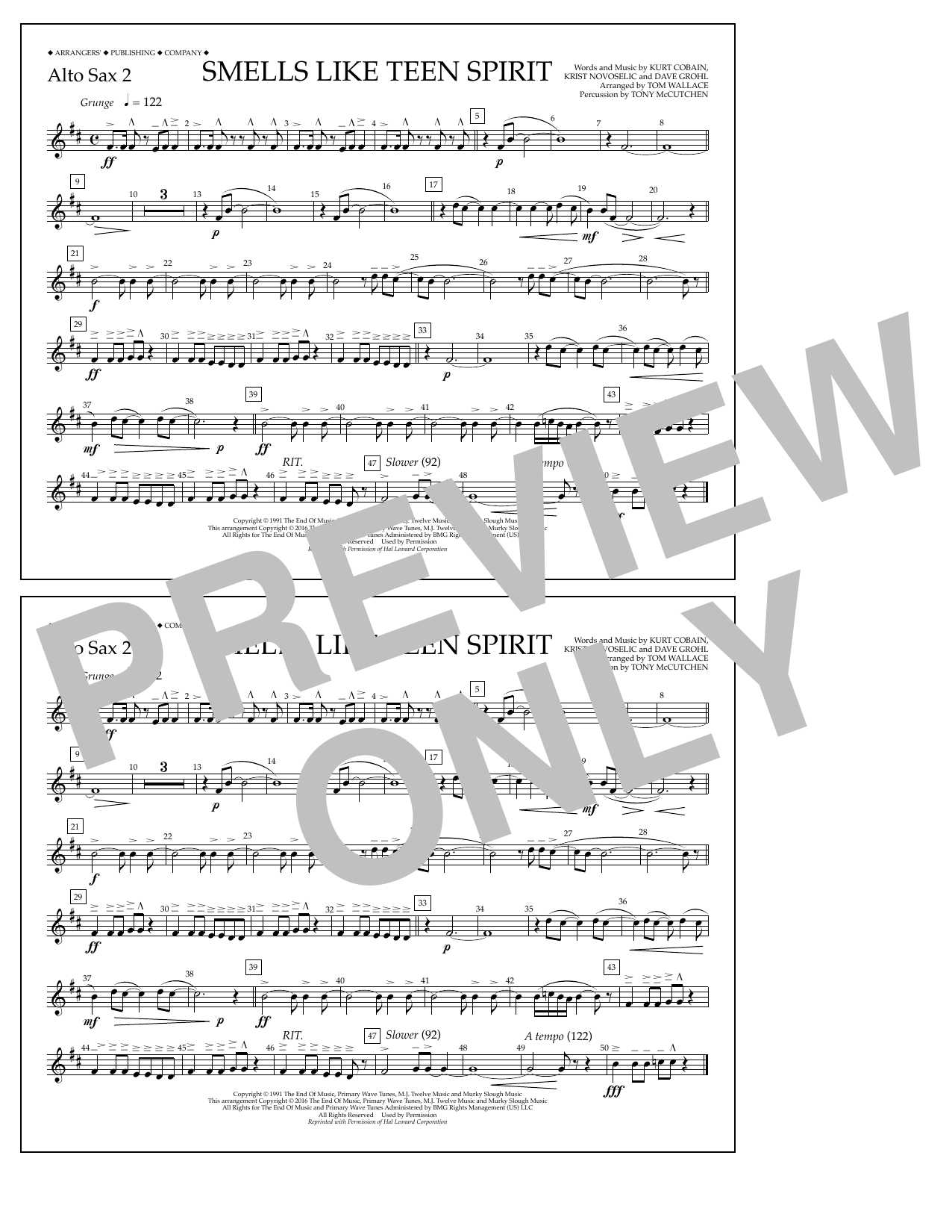 Download Tom Wallace Smells Like Teen Spirit - Alto Sax 2 Sheet Music and learn how to play Marching Band PDF digital score in minutes