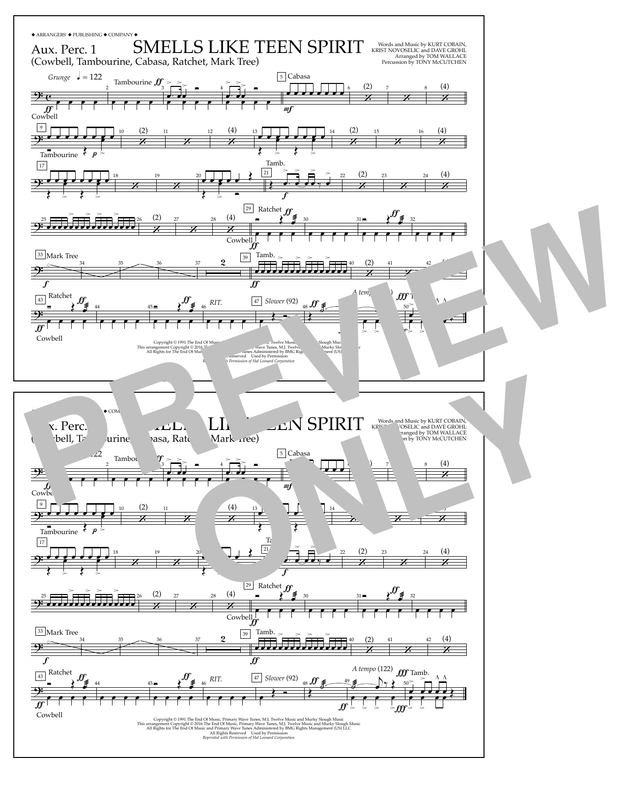 Download Tom Wallace Smells Like Teen Spirit - Aux. Perc. 1 Sheet Music and learn how to play Marching Band PDF digital score in minutes