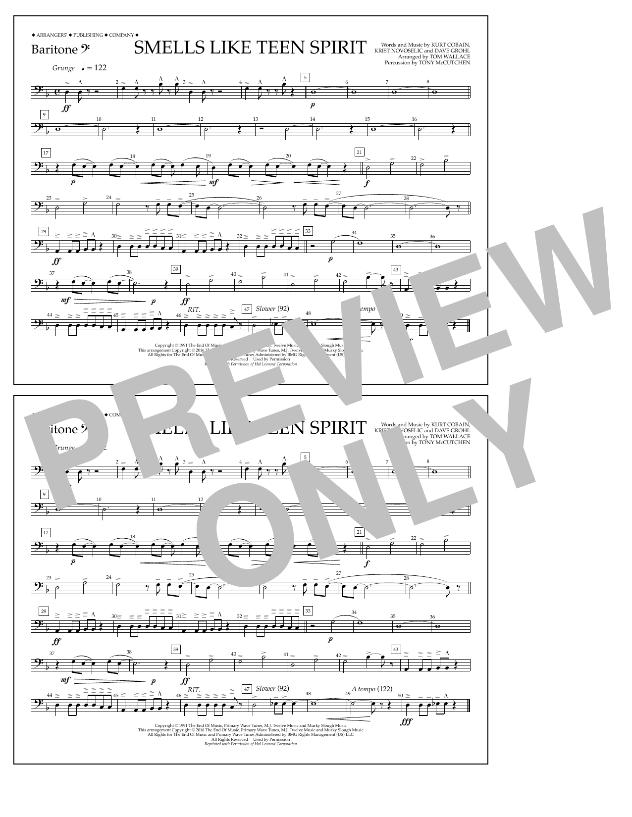 Download Tom Wallace Smells Like Teen Spirit - Baritone B.C. Sheet Music and learn how to play Marching Band PDF digital score in minutes