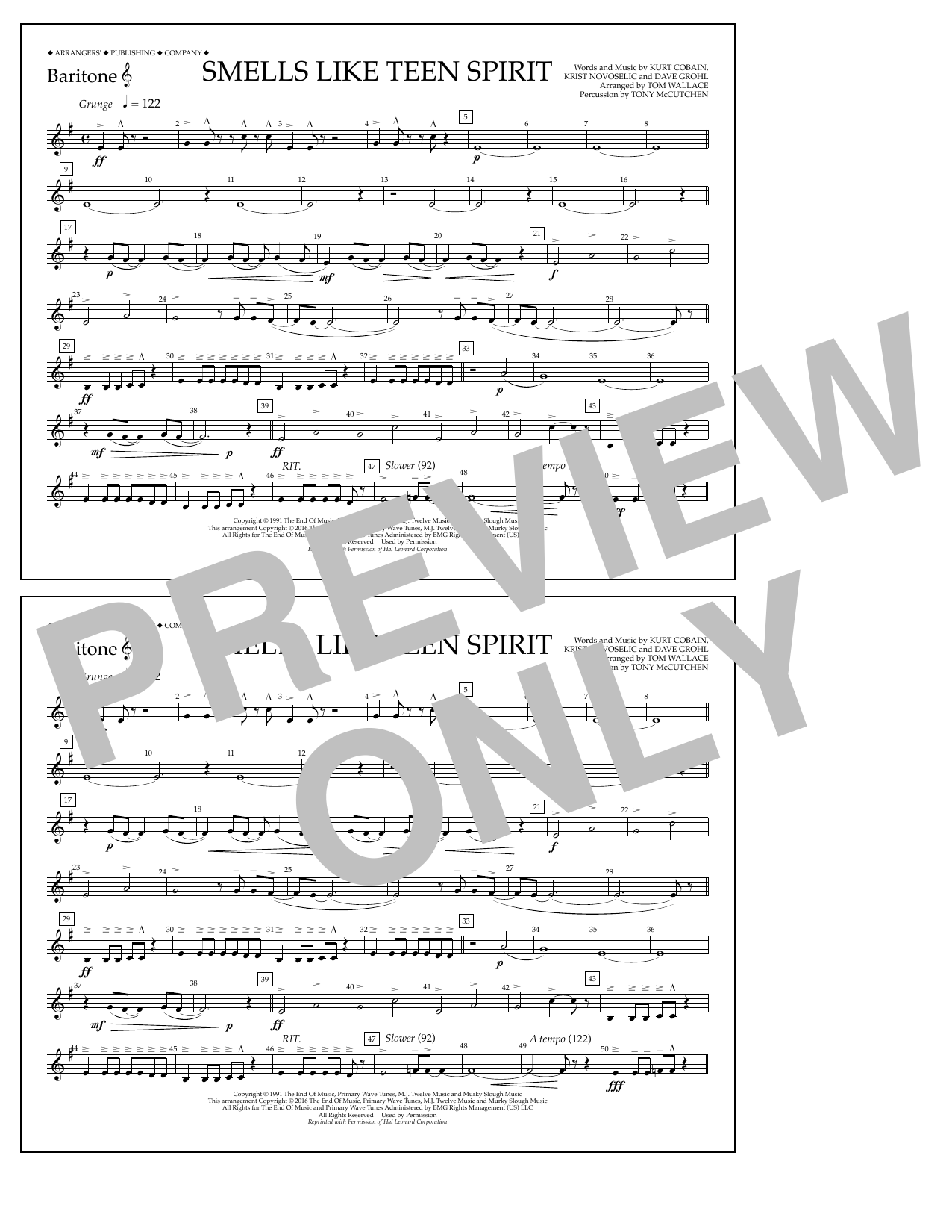 Download Tom Wallace Smells Like Teen Spirit - Baritone T.C. Sheet Music and learn how to play Marching Band PDF digital score in minutes
