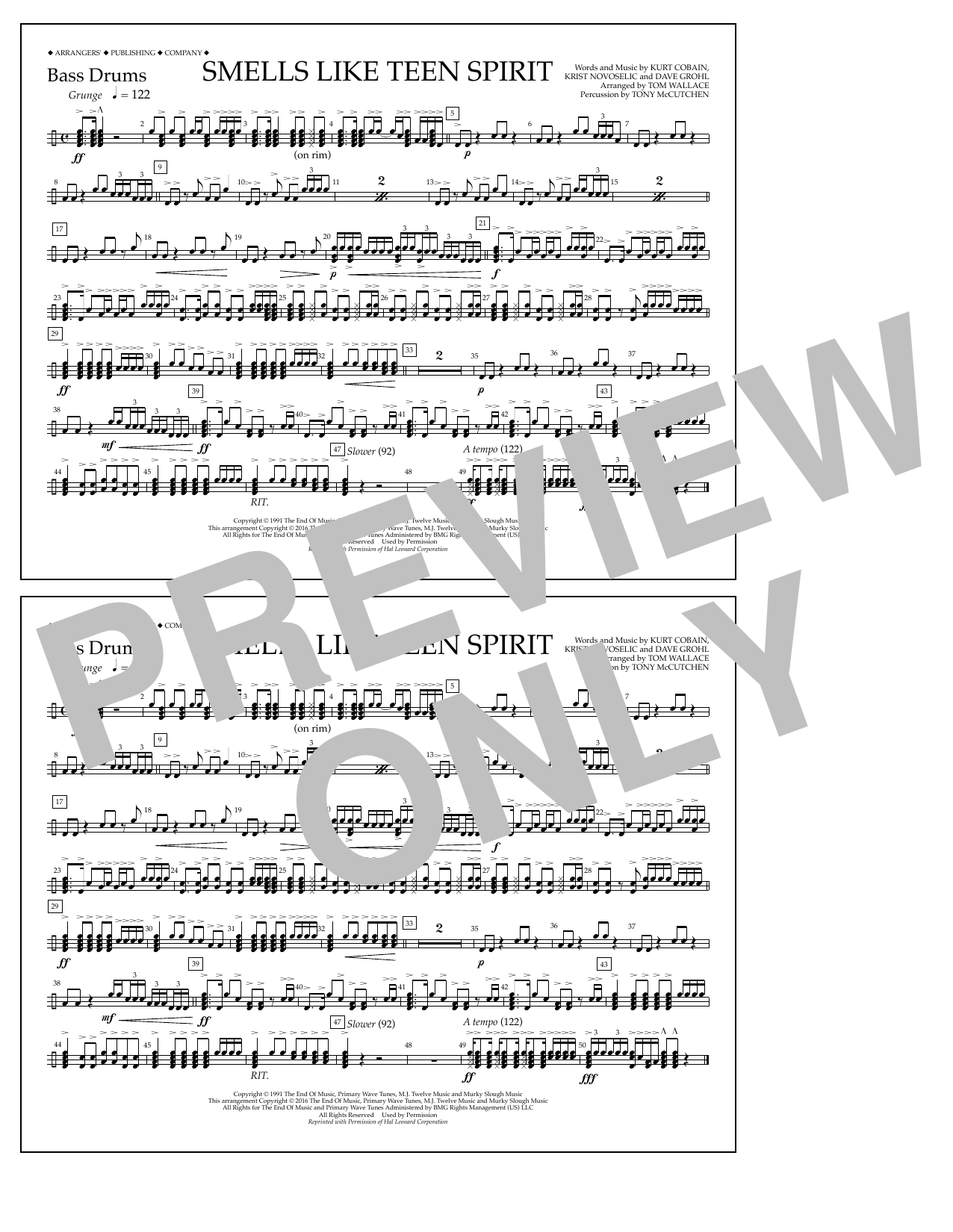 Download Tom Wallace Smells Like Teen Spirit - Bass Drums Sheet Music and learn how to play Marching Band PDF digital score in minutes