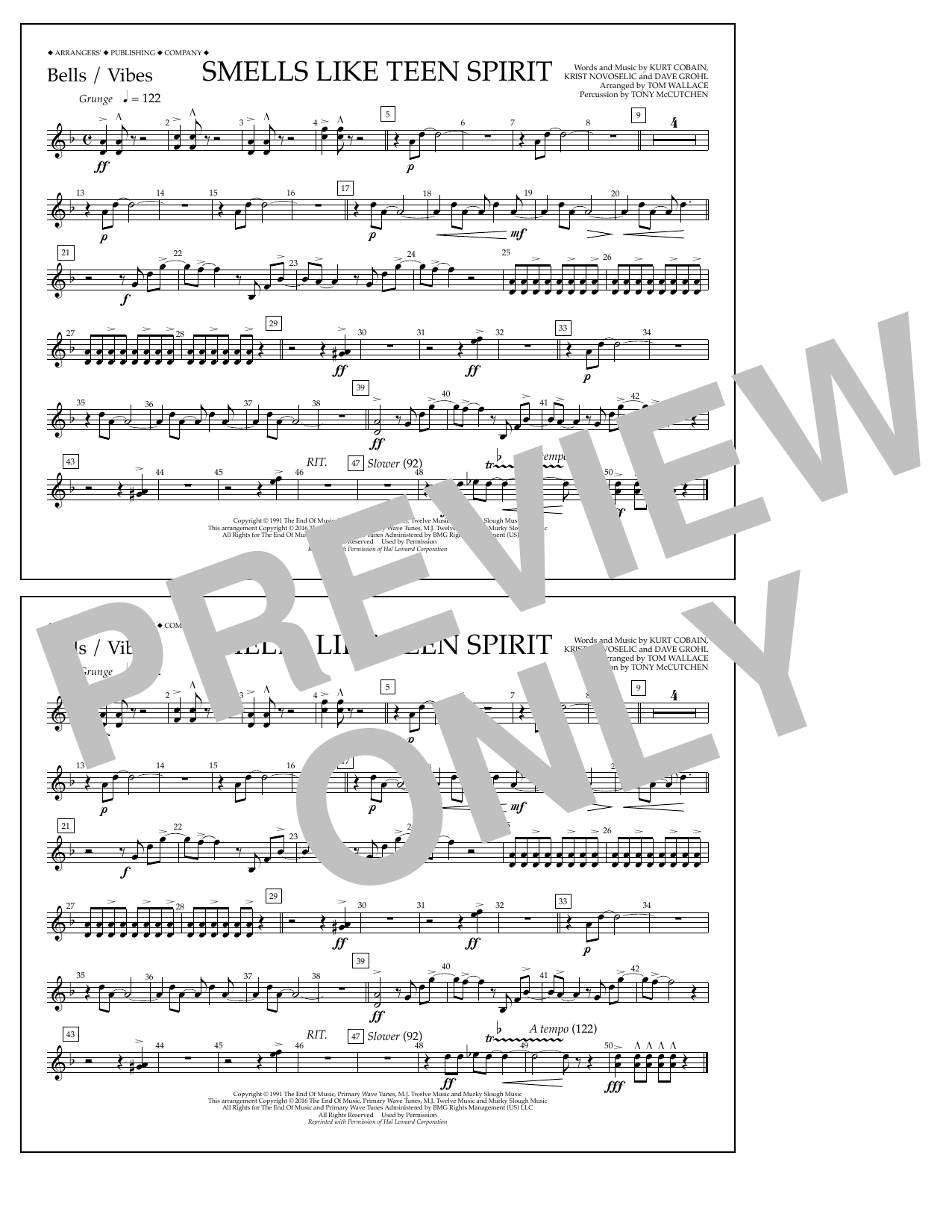 Download Tom Wallace Smells Like Teen Spirit - Bells/Vibes Sheet Music and learn how to play Marching Band PDF digital score in minutes