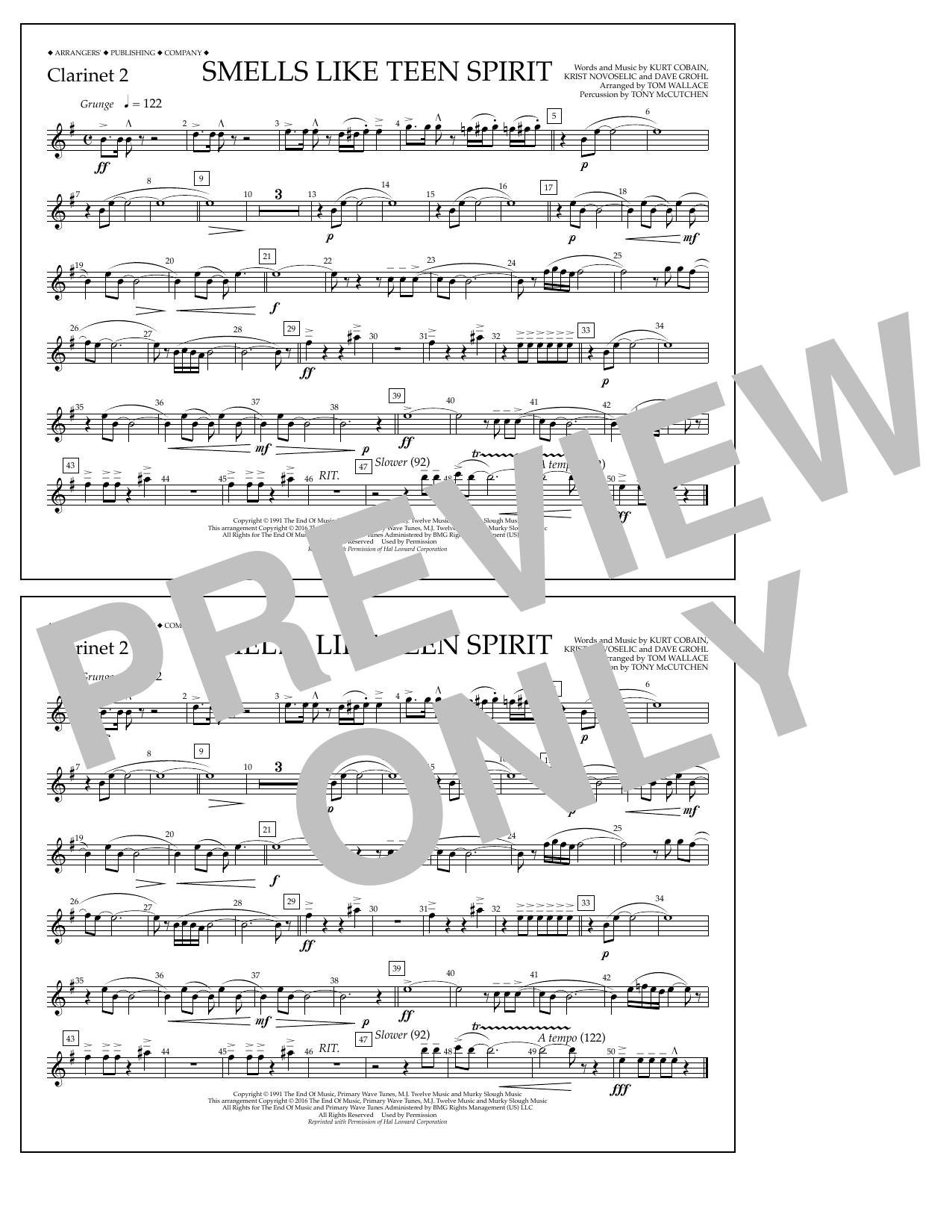 Download Tom Wallace Smells Like Teen Spirit - Clarinet 2 Sheet Music and learn how to play Marching Band PDF digital score in minutes