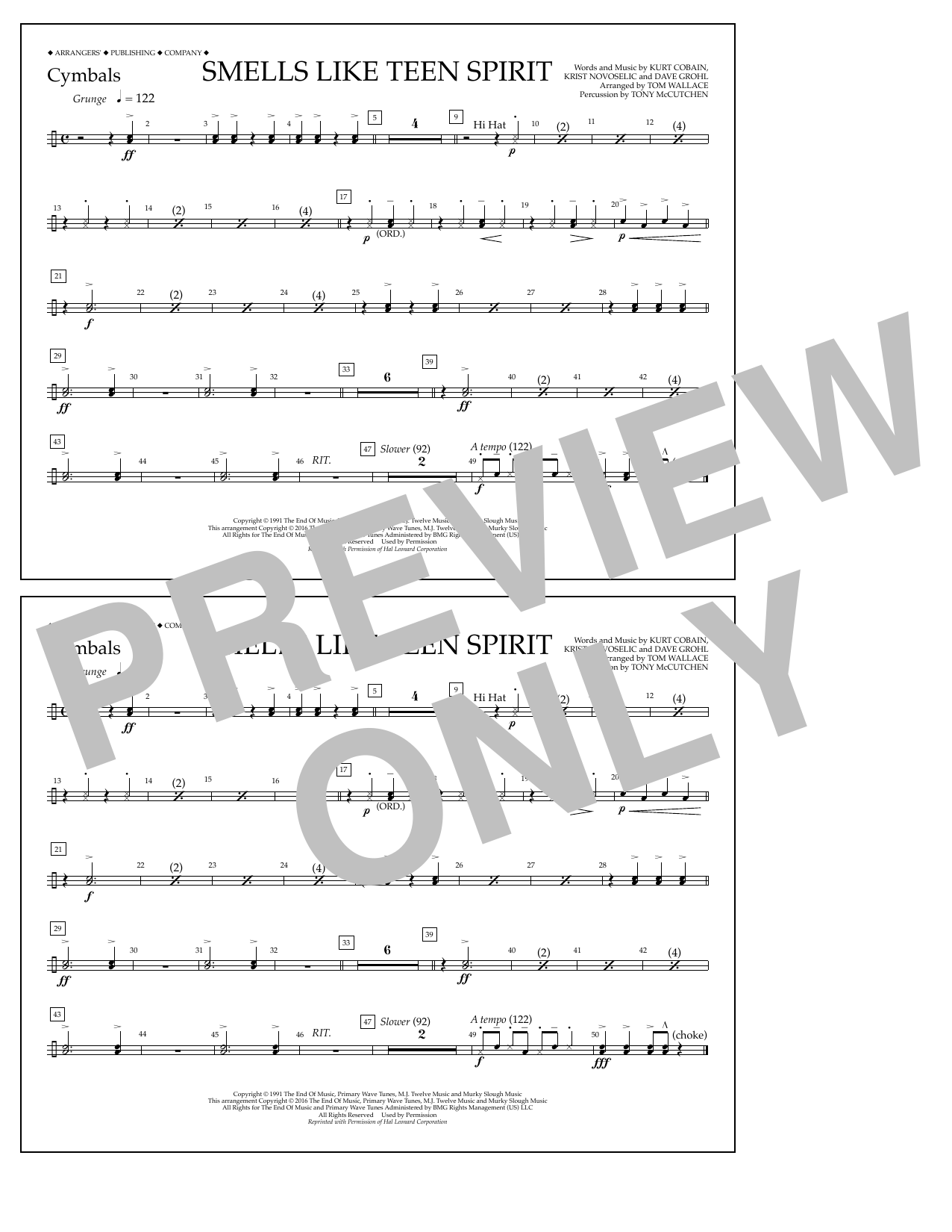 Download Tom Wallace Smells Like Teen Spirit - Cymbals Sheet Music and learn how to play Marching Band PDF digital score in minutes